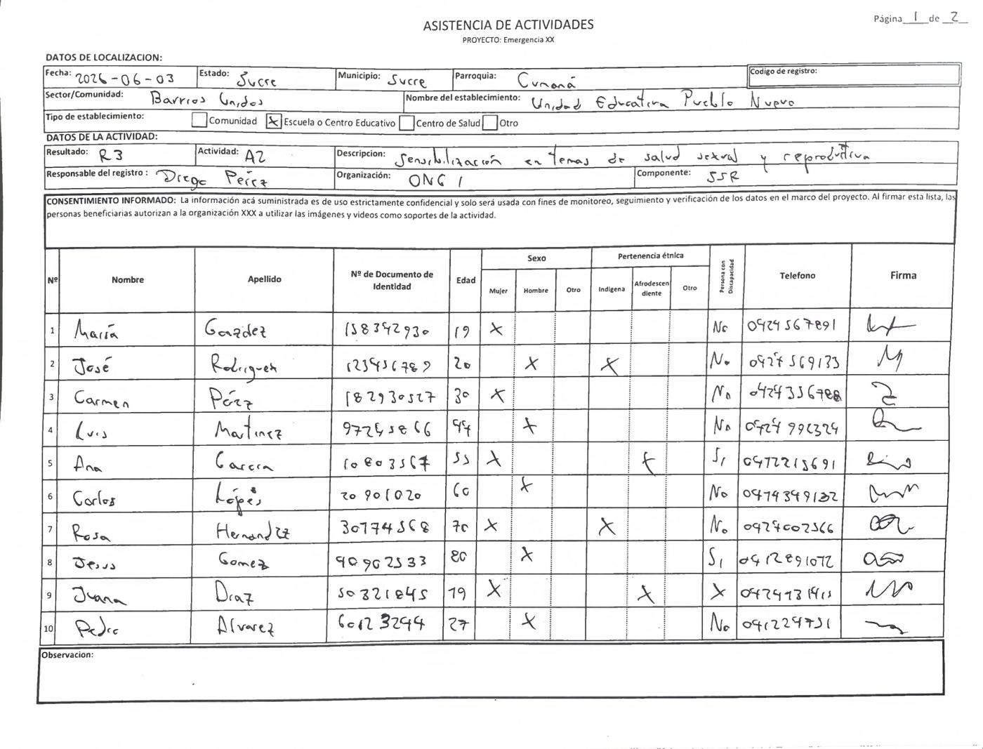 Lista de asistencia rellenada a mano, escaneada, con nombres, documentos, edades y firmas de ejemplo.
